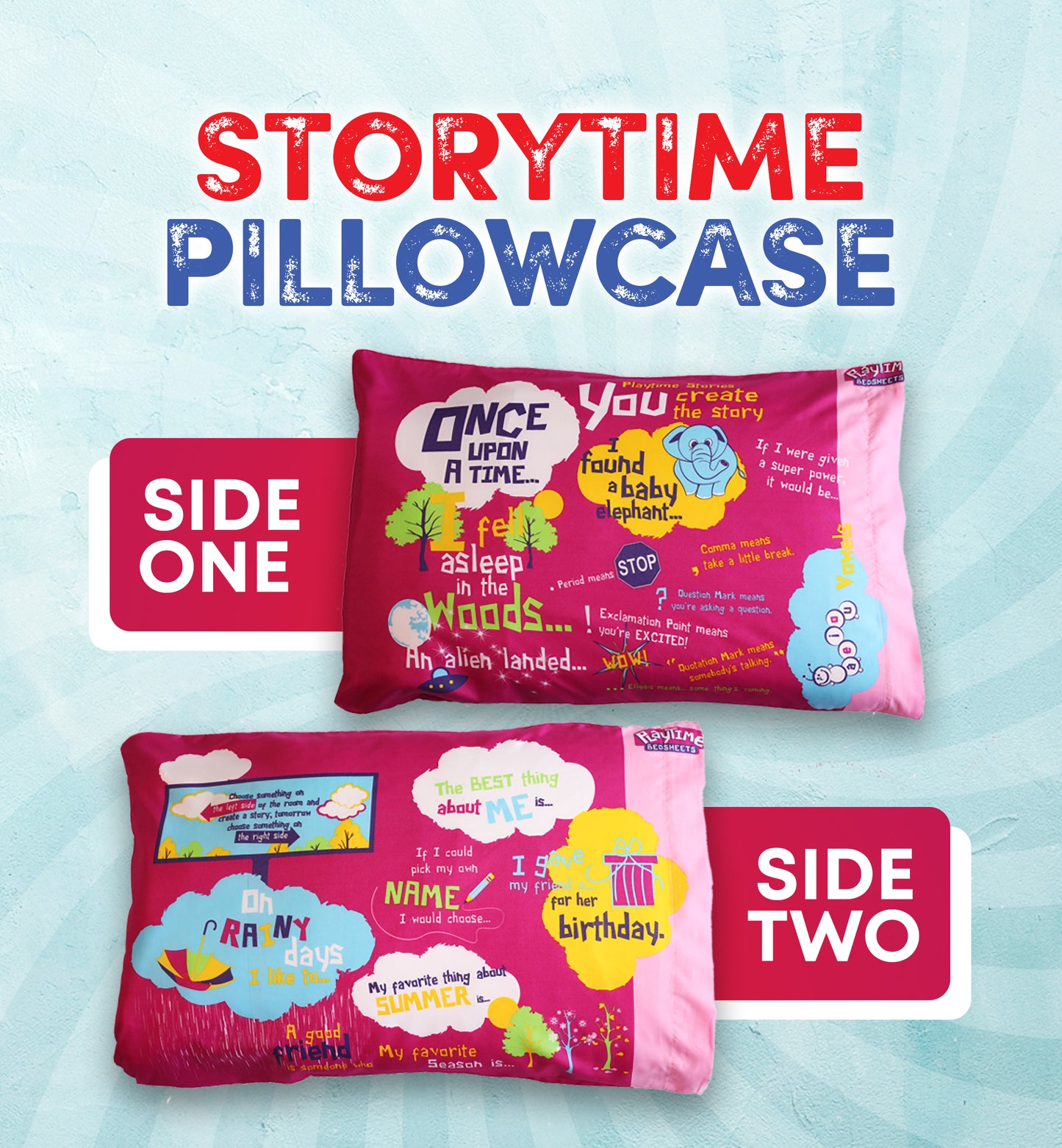 Playtime Story-Time Pillowcase. 20 Starter Sentences and Images. Pink