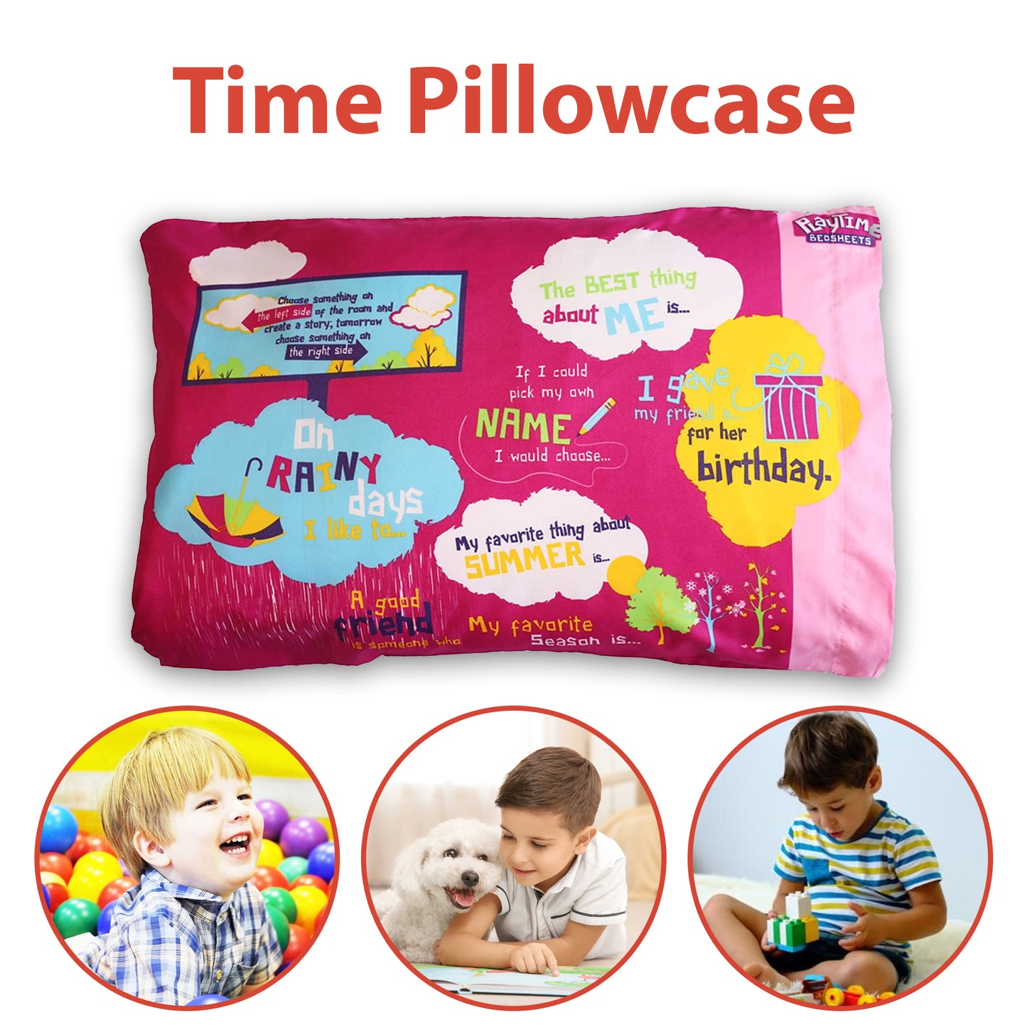 Playtime Story-Time Pillowcase. 20 Starter Sentences and Images. Pink