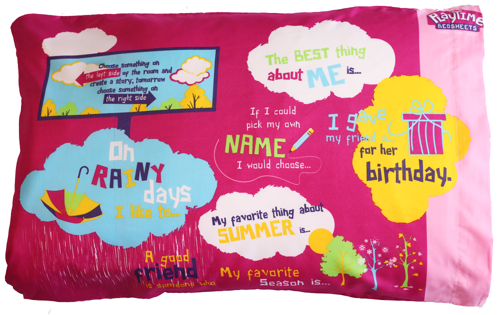 Playtime Story-Time Pillowcase. 20 Starter Sentences and Images. Pink