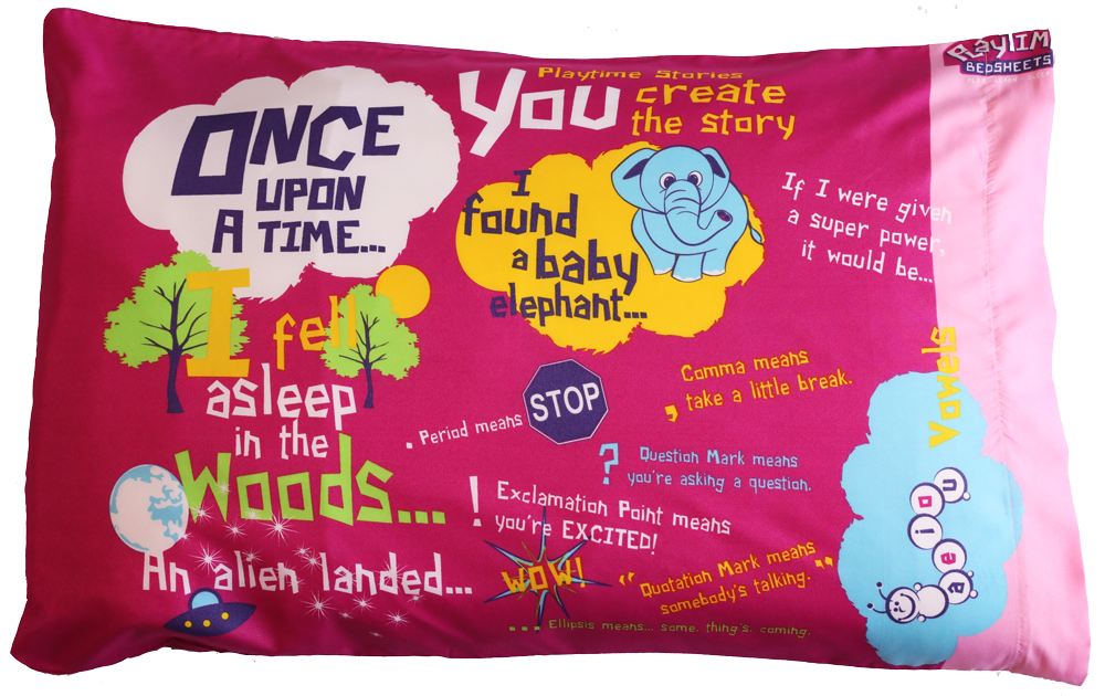 Playtime Story-Time Pillowcase. 20 Starter Sentences and Images. Pink